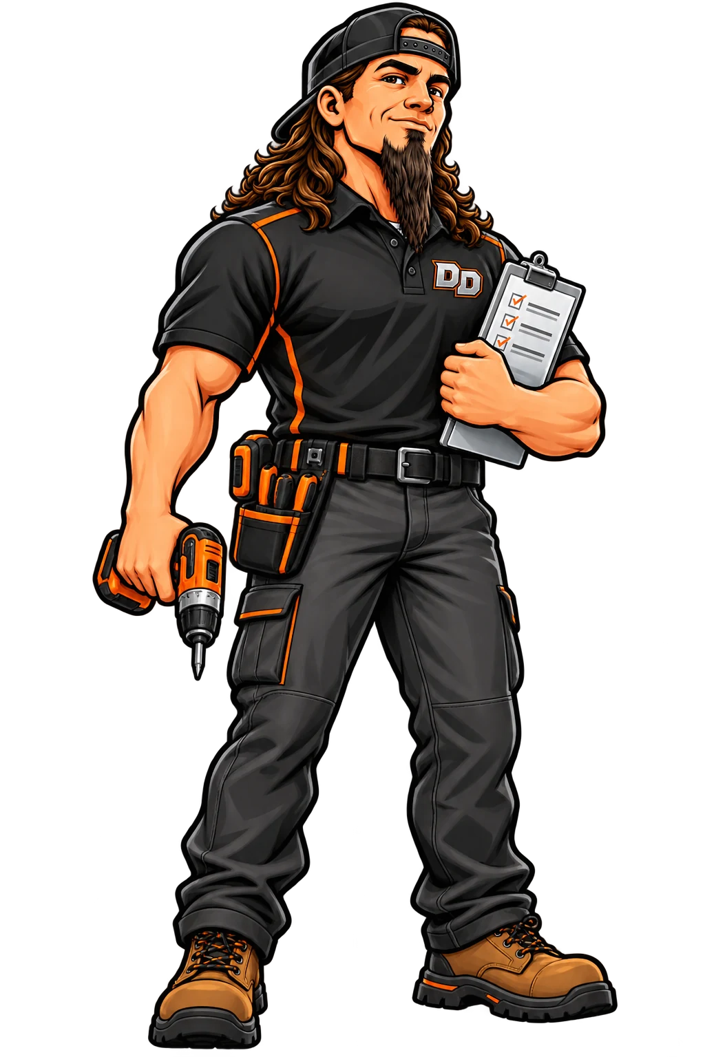 Danny in a black and orange work uniform holding a cordless drill and maintenance checklist