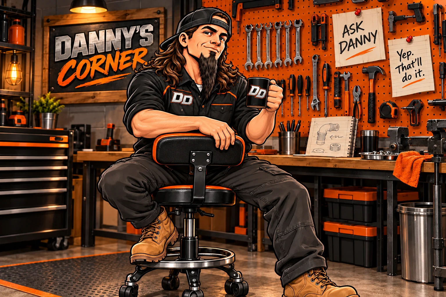 Danny relaxing with coffee in his workshop, beside an orange tool pegboard and Ask Danny notes