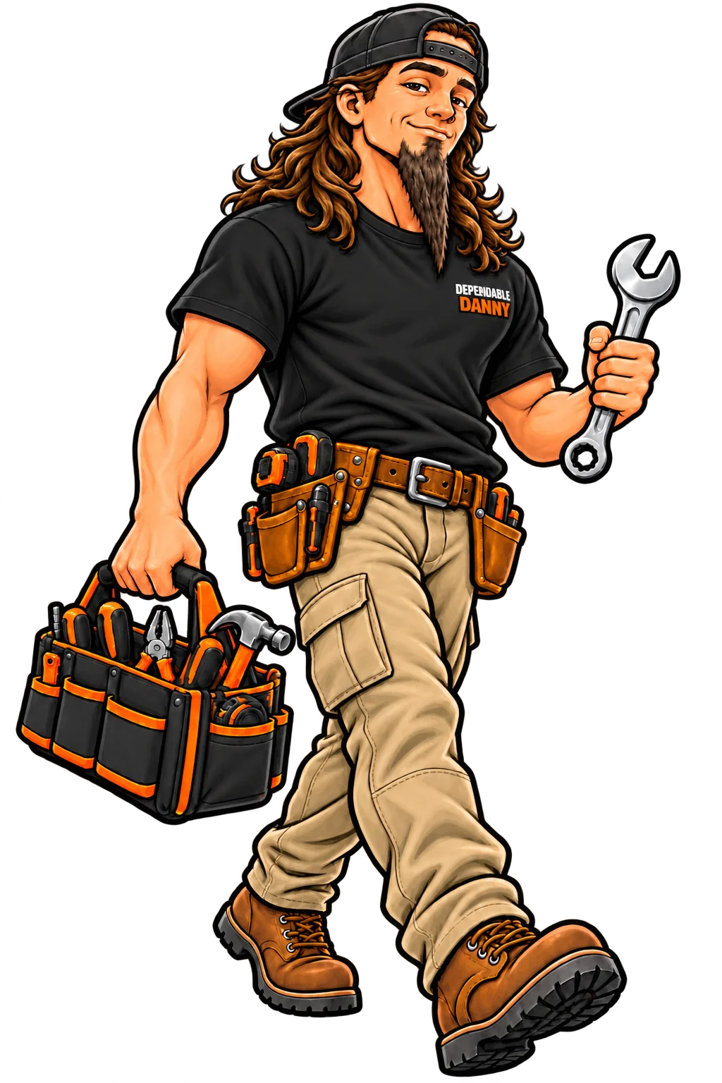 Danny walking with a tool bag and wrench