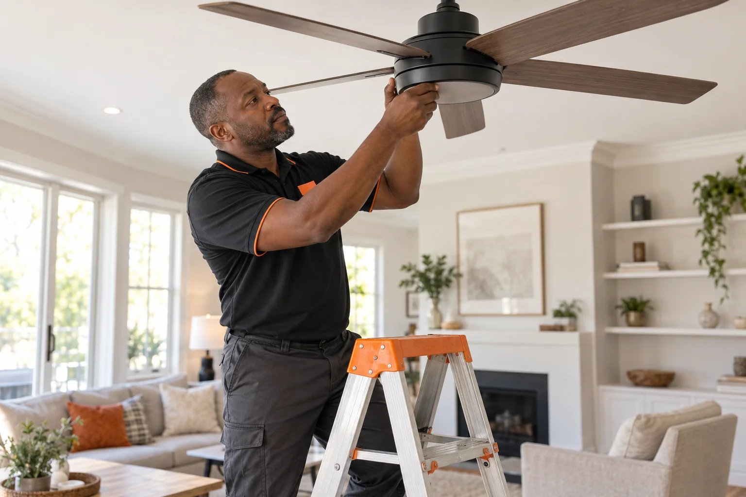 Worker fitting a ceiling fan from a stepladder