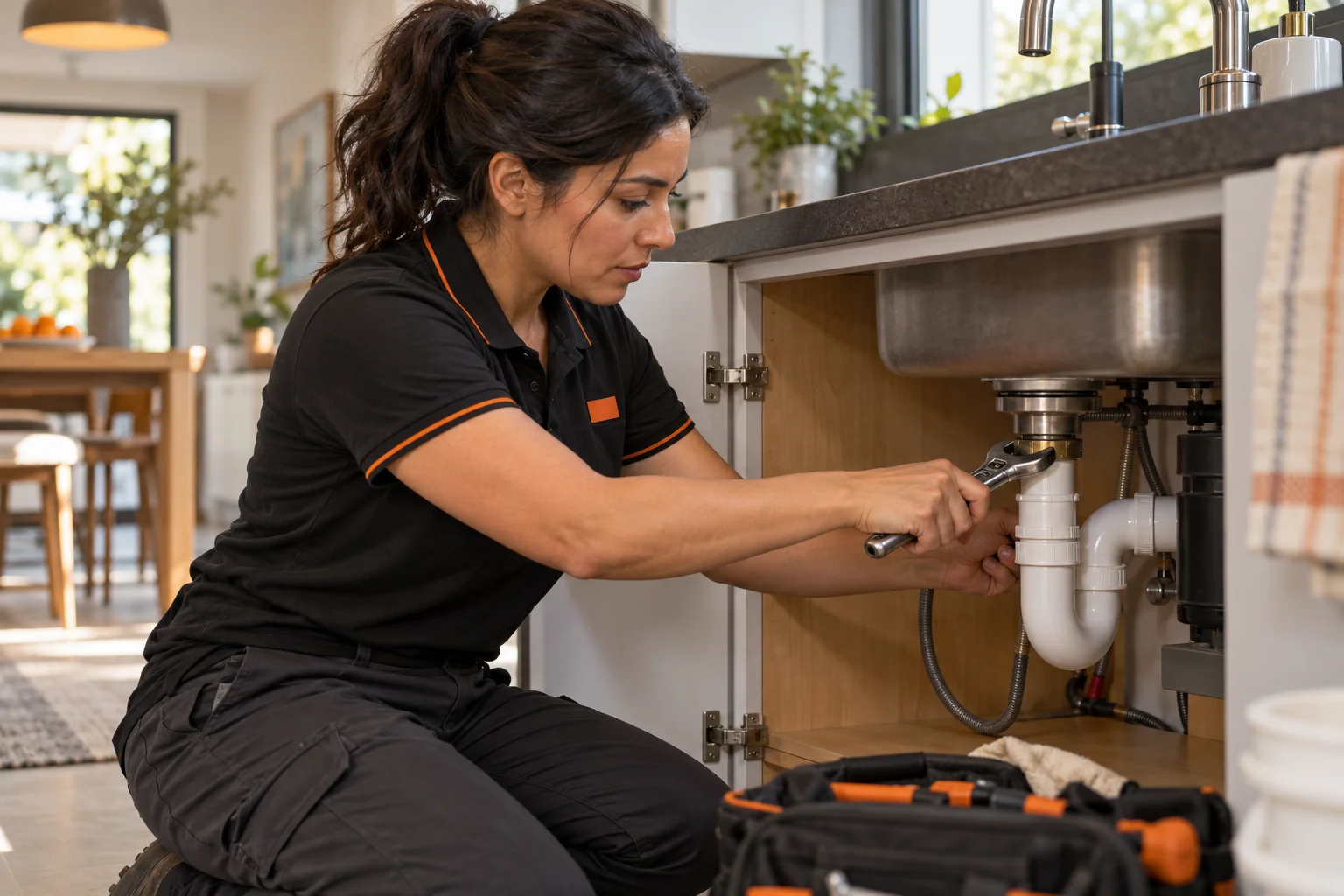 Illustrative technician attending to a sink drain